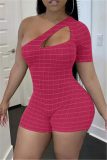 Watermelon Red Sexy Casual Plaid Patchwork Print Hollowed Out Oblique Collar Skinny Romper