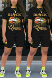 Black Fashion Letter Lips Print T-shirt Shorts Set