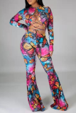 Blue Sexy Print Hollowed Out O Neck Boot Cut Jumpsuits