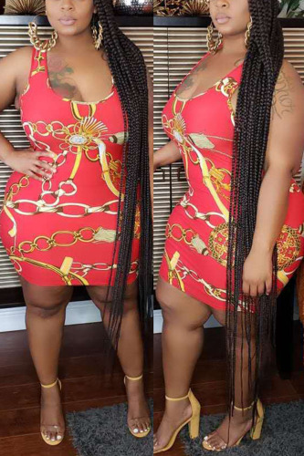 Red Sexy Fashion Print Plus Size Sleeveless Dress