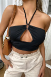 Black Fashion Sexy Solid Hollowed Out Backless Halter Tops