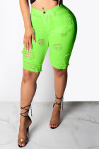 Green Fashion Casual Ripped Denim Shorts