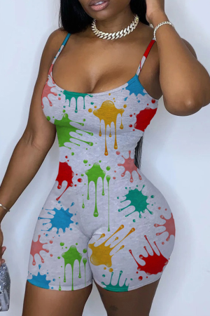 Grey Sexy Print Patchwork Spaghetti Strap Skinny Jumpsuits