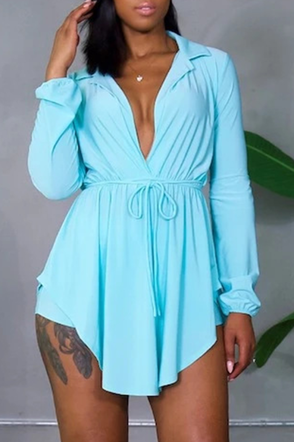 Light Blue Sexy Solid Split Joint Turndown Collar Long Sleeve Two Pieces