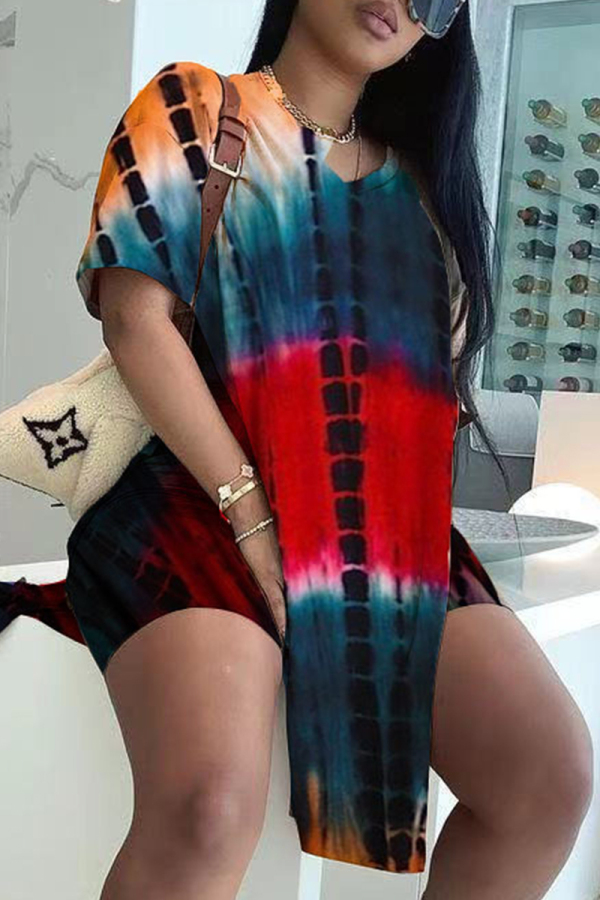 Red Fashion Casual Print Tie Dye Slit V Neck Short Sleeve Two Pieces
