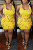 Yellow Sexy Fashion Print Plus Size Sleeveless Dress