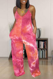 Yellow Sexy Patchwork Tie-dye Spaghetti Strap Straight Jumpsuits