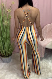 Stripe Sexy Casual Striped Print Backless O Neck Regular Jumpsuits