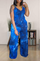 Blue Sexy Patchwork Tie-dye Spaghetti Strap Straight Jumpsuits