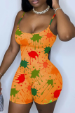 Tangerine Red Sexy Print Patchwork Spaghetti Strap Skinny Rompers