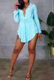 Light Blue Sexy Solid Split Joint Turndown Collar Long Sleeve Two Pieces