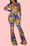 Rose Red Sexy Print Hollowed Out O Neck Boot Cut Jumpsuits