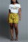 Yellow Sexy Print Two Piece Suits Straight Short Sleeve Two-Piece Short Set