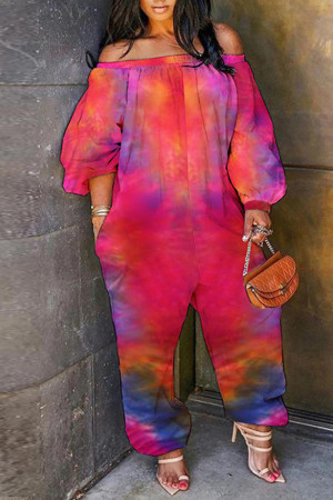 Rose Red Fashion Casual Tie Dye Printing Off the Shoulder Regular Jumpsuits