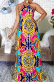 Multicolor Fashion Sexy Print Backless O Neck Sleeveless Dress