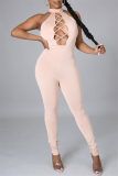 Light Pink Sexy Casual Solid Hollowed Out Backless O Neck Skinny Jumpsuits