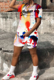 Multicolor Fashion Casual Letter Print Tie-dye O Neck Short Sleeve Two Pieces