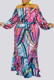 Purple Sexy Casual Print Basic Off the Shoulder Plus Size Two Pieces