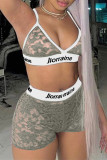 Grey Fashion Sexy Patchwork Hollowed Out See-through Backless Spaghetti Strap Sleeveless Two Pieces