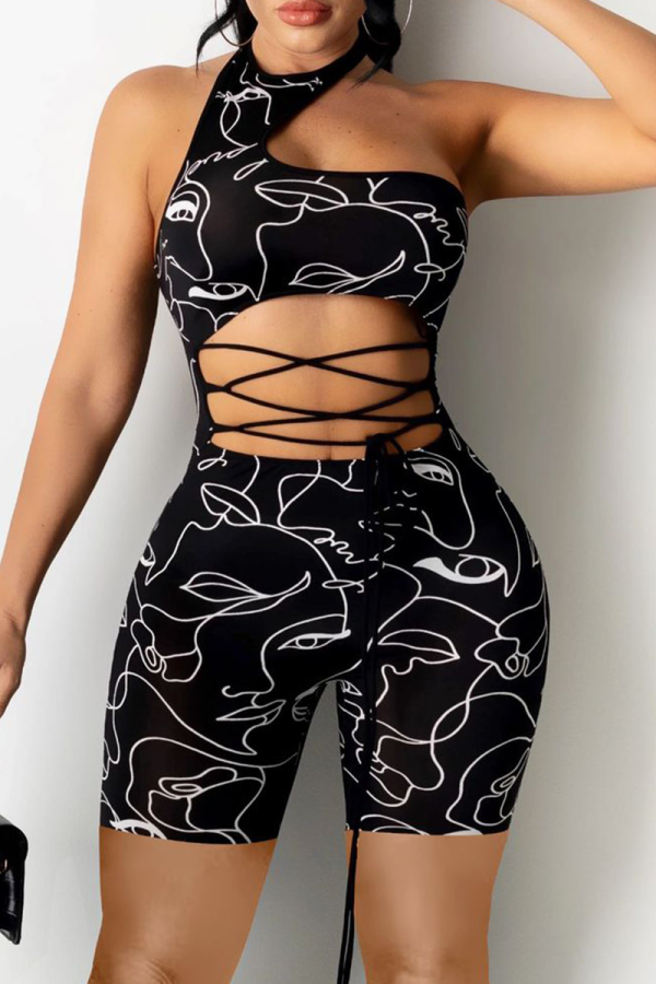 Black Sexy Print Hollowed Out Halter Skinny Jumpsuits