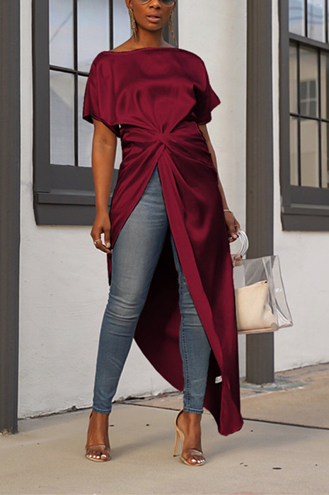 

Wine Red Sexy Fashion One Word Collar Top