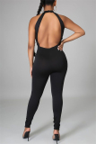 Black Sexy Casual Solid Hollowed Out Backless O Neck Skinny Jumpsuits