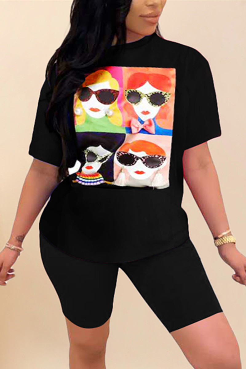 

Black Fashion Casual Printed Short-sleeved T-shirt Set