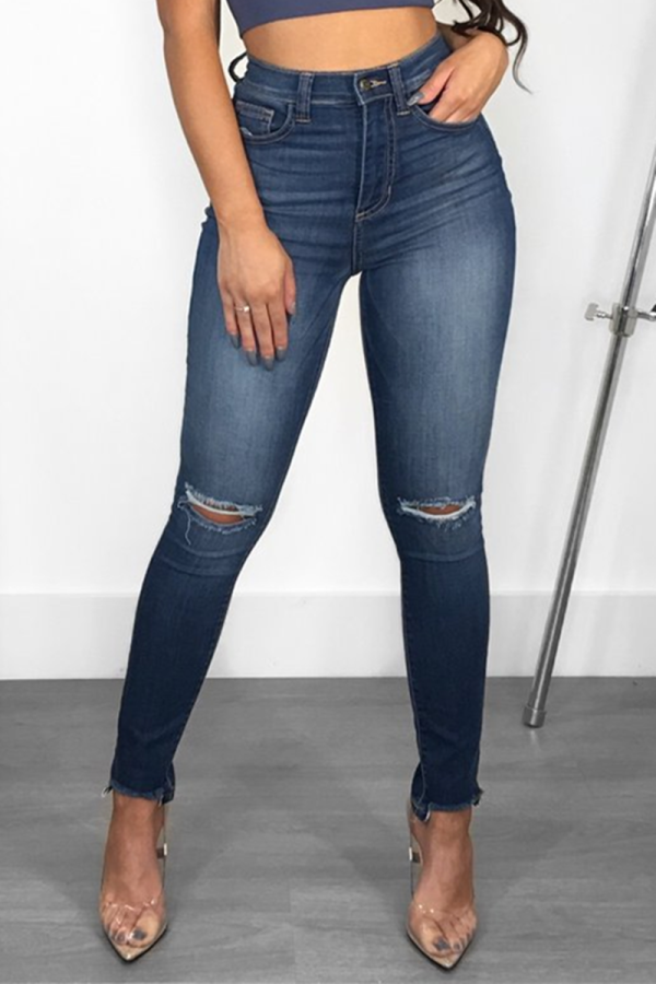 Blue Fashion Casual Ripped Skinny Jeans