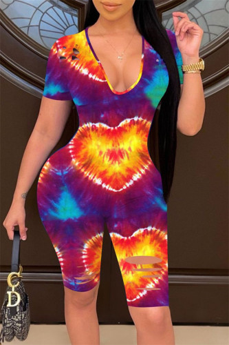 Purple Fashion Casual Print Tie Dye Ripped V Neck Skinny Romper