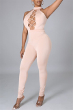 Light Pink Sexy Casual Solid Hollowed Out Backless O Neck Skinny Jumpsuits
