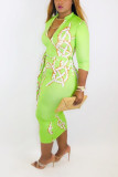 Green Lightly cooked Cap Sleeve 3/4 Length Sleeves V Neck A-Line Ankle-Length Print Club Dresse