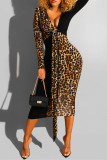 Yellow Sexy V-neck Leopard Printing Skinny Dress