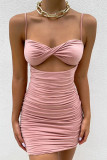 Pink Fashion Sexy Solid Backless Spaghetti Strap Sleeveless Two Pieces