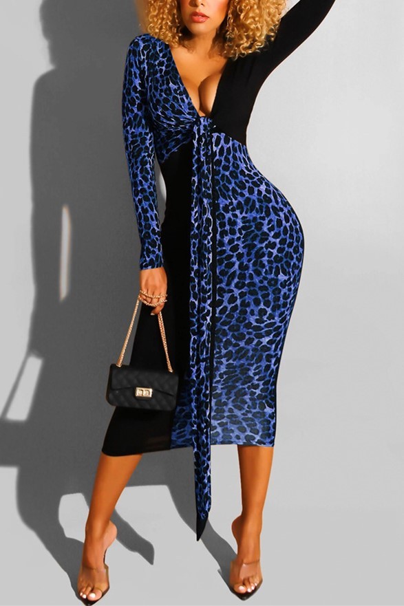 Blue Sexy V-neck Leopard Printing Skinny Dress