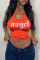 Tangerine Red Fashion Sexy Letter Print Hollowed Out Backless Tops