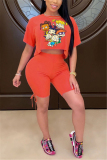Orange Fashion Printed Short Sleeve Top Shorts Set