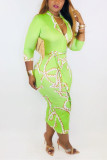 Green Lightly cooked Cap Sleeve 3/4 Length Sleeves V Neck A-Line Ankle-Length Print Club Dresse