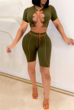 Army Green Fashion Sexy Solid Hollowed Out Strap Design O Neck Short Sleeve Two Pieces