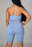 Blue Sexy Casual Solid Backless Spaghetti Strap Sleeveless Two Pieces