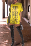 Yellow Fashion Casual Print Basic O Neck Short Sleeve T-shirt Dress