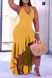 Yellow Fashion Sexy Plus Size Solid Backless Spaghetti Strap Irregular Dress