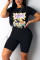 Black Fashion Casual Printed Short Sleeve Shorts Set