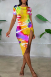 Colour Sexy Print High Opening O Neck Irregular Dress Dresses