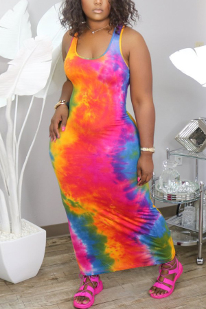 Rose Red Sexy Tie-dye Printed Sleeveless Dress