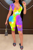 Multicolor Fashion Casual Print Tie Dye Ripped V Neck Skinny Romper