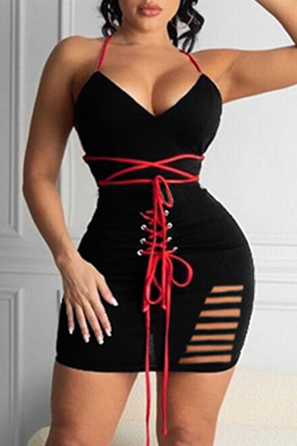 Black Fashion Sexy Solid Ripped Backless Spaghetti Strap Sleeveless Dress