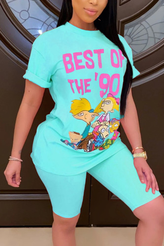 Sky Blue Fashion Casual Printed Short Sleeve Shorts Set