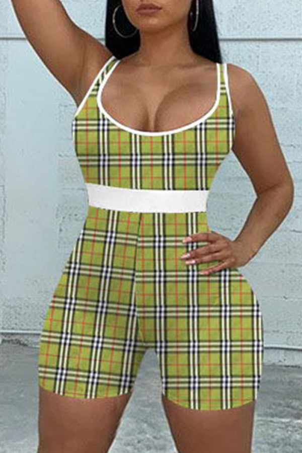 Green Sexy Plaid Striped Print Patchwork Spaghetti Strap Skinny Rompers