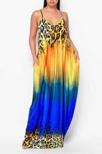 Yellow Blue Sexy Gradual Change Print Patchwork Spaghetti Strap A Line Dresses