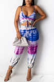 Blue Purple Sexy Casual Print Tie Dye Backless V Neck Sleeveless Two Pieces